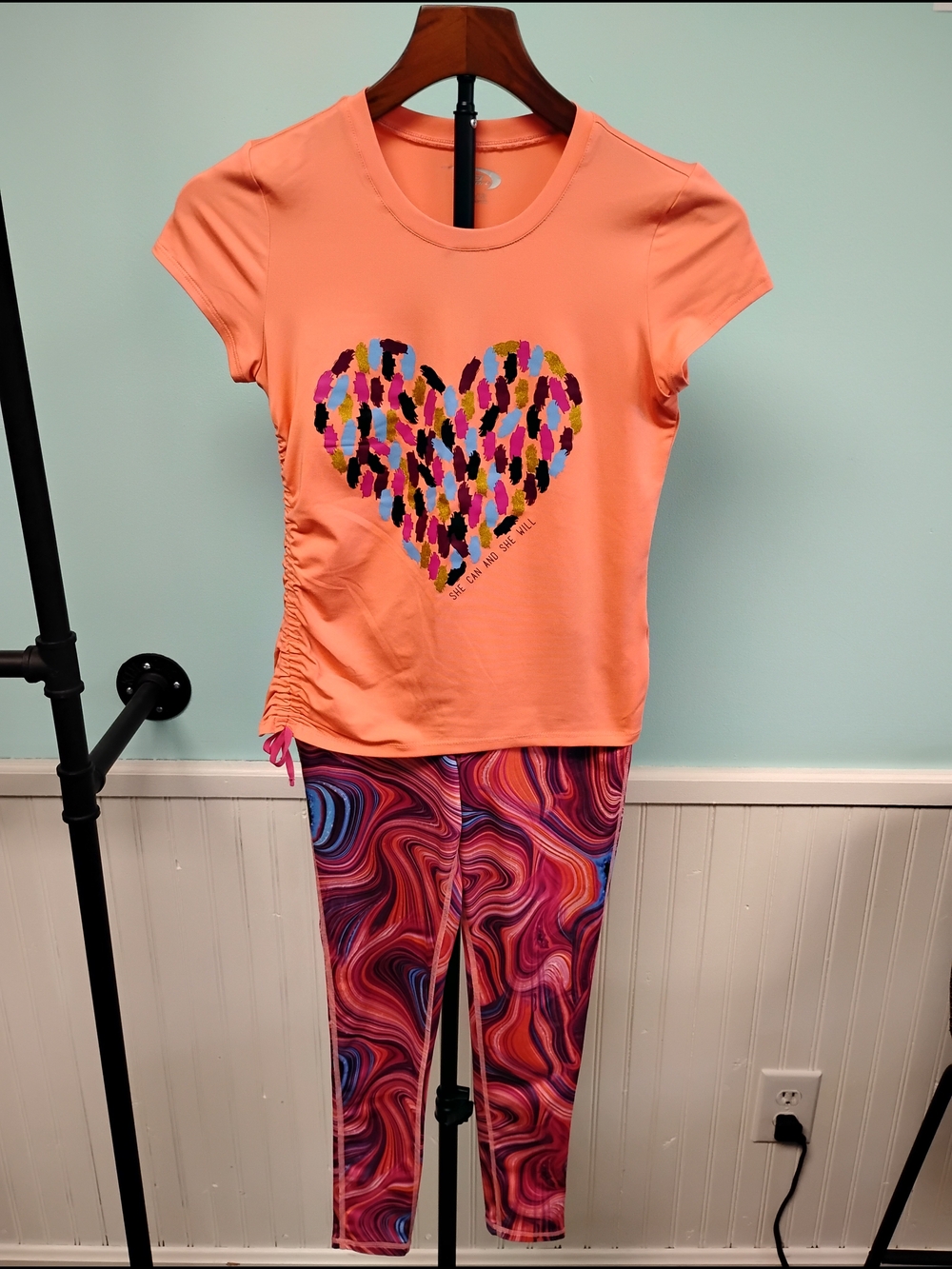 Kids Coral Heart Graphic Tee and Swirl Leggings Set